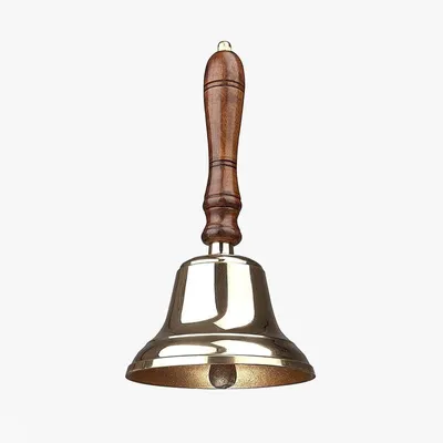 Produktbild von Glocke aus Messing mit Holzgriff und Metallklöppel.
