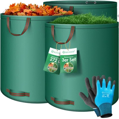 Produktbild von KESSER® Gartensack Set Laubsack Gartenabfallsack inkl. Handschuhe - Selbststehend 4 Griffe Stabil Robust & Faltbar - Laubsäcke Rasenschnitt Gartensäcke für Gartenabfälle Grünschnitt