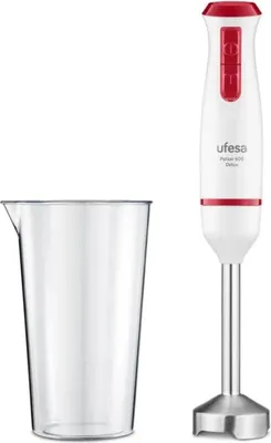 A white hand blender and a clear measuring cup are shown against a white background.