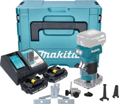 Zdjęcie produktu dla Akumulatorowa frezarka górnowrzecionowa Makita DRT 52 RYJ 18 V 6 mm bezszczotkowa + 2x akumulator 1,5 Ah + ładowarka + Makpac
