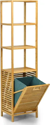 Produktbild von Badezimmer Hochschrank mit Wäschekorb aus Bambus mit Regalen Ideal für Bad 40 x 33 x 160 cm Natur