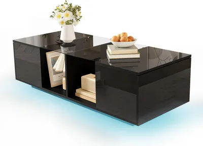 Zdjęcie produktu dla Sweiko Nowoczesny czarny stolik kawowy z oświetleniem LED, blat o wysokim połysku, 120 x 50 x 38,5 cm