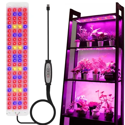A split image showing a grow light panel on the left and a shelving unit with plants under grow lights on the right.