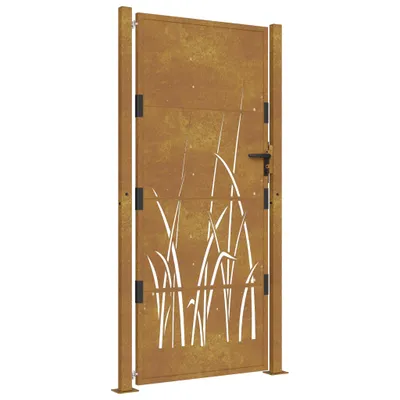 A single garden gate with a corten steel finish and a laser-cut grass design.