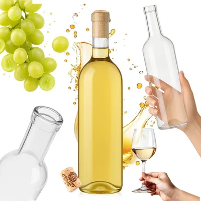 Zdjęcie produktu dla SuperButelki - Szklana butelka Bordeaux 750 ml z korkiem aglomerowanym, białe szkło, na wino, nalewki, cydr, soki zestaw z korkiem