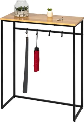 Produktbild von eluno Konsolentisch aus mattschwarzem Metall mit 1 Holzablage, höhenverstellbare Füße, 4 Haken für Taschen, Regenschirme und Schuhanzieher, im Eingangsbereich, als Beistelltisch oder Sideboard, viel Platz für Bücher, Pflanzen und Deko