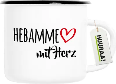 Produktbild von Huuraa Emaille Tasse Hebamme mit Herz 300ml Vintage Campingbecher Geschenkidee