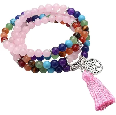 Produktbild von 108 Perlen Edelstein Mala Kette 7 Chakra Heilsteine Yoga Halskette mit Lebensbaum Anhänger Rosenquarz 68 cm