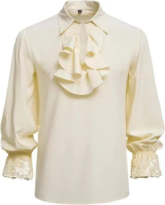 Produktbild von Historisches Steampunk-Hemd für Männer - Renaissance-Kostüm mit Rüschen und Vampirfalten - Langärmeliges gothisches Hemd aus Beige Baumwolle