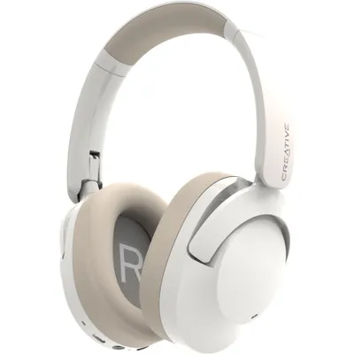 A studio shot of a pair of white and beige Creative Labs Zen Hybrid 2 headphones against a white background.
