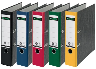 Produktbild von Leitz 5er Pack Qualitäts-Ordner, das Original, DIN A4 Aktenordner 8 cm breit, Wolkenmarmor-Papier, Blauer Engel, Mit 180° Mechanik sortiert