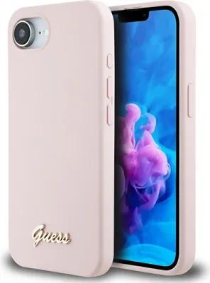 Zdjęcie produktu dla Guess Silicone Script Metal Logo MagSafe - Etui do iPhone 16e (różowy)