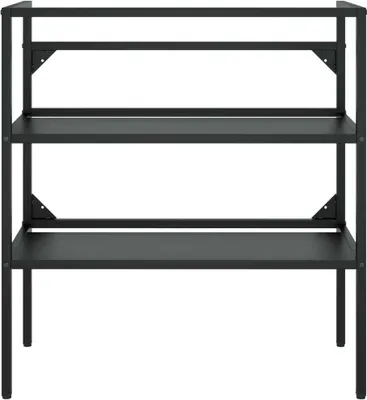 A black metal shelving unit with three shelves against a white background.