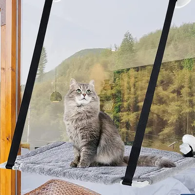 Produktbild von Fenster Katzenhängematte, Fensterplatz Window Lounger Katzen Hängematte mit Decke+ Große Saugnapf, Sonnenbad Katzen Fensterliege, für Große Katze, Fest und Einfach Zusammenzubauen, bis 15KG