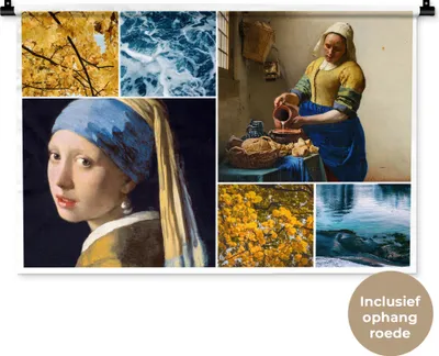Produktbild von MuchoWow® Wandteppich Wandbehang Vermeer - Collage - Milchmädchen 90x60 cm Tapisserie Dekoration Wandtuch - Wandskulpturen - Bildteppich