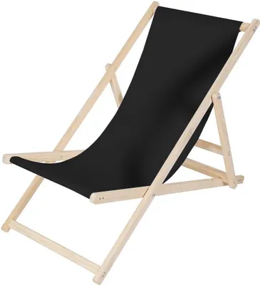 A black canvas deck chair with a wooden frame is shown against a white background.