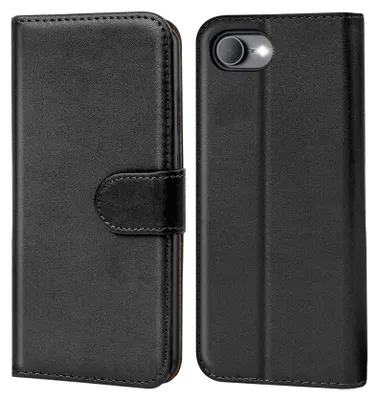 A black book-style phone case is shown from the front and back.