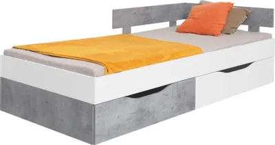 Productafbeelding van Furniture24 Bed Sigma Si - 16 met 2 lades, eenpersoonsbed voor kinderkamer en tienerkamer, pocketveringmatras 120x200 cm, wit/betonlook