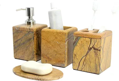 Produktbild von Badausstattungsset s 4-teiliges Badzubehör-Set von KLEO, bestehend aus Flüssigseifen- oder Lotionspender mit Edelstahlpumpe, Zahnbürstenhalte