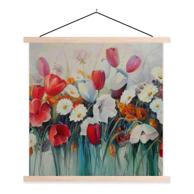 Produktbild von MuchoWow® Textilposter Malerei - Ölgemälde - Blumen 120x120 cm mit holzfarbenen Rahmen - Textil-Poster