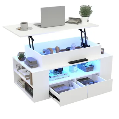 Produktbild von Puluomis Couchtisch mit Schublade, Abhebbarer Tischplatte, RGB Lichtleiste mit App Steuerung Kaffeetisch Schreibtisch Sofatisch für Wohnzimmer weiß