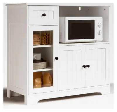 Produktbild von Küchenschrank mit Arbeitsplatte, Buffetschrank mit Mikrowellenregal, Sideboard mit 1 Schublade, 3 Türen, verstellbaren Regalen, für Küche, Esszimmer und Wohnzimmer, 90 x 40 x 82 cm, Weiß