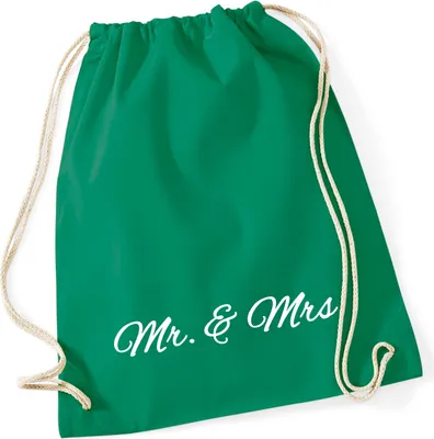Produktbild von Huuraa Turnbeutel Mr. & Mrs. Schriftzug 12 Liter Kelly Green Baumwolle Rucksack Geschenkidee