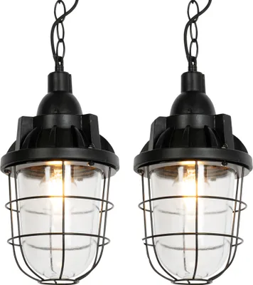 Produktbild von QAZQA - Industrie I Vintage I 2er Set Industrie Hängelampe I Pendellampe I Pendelleuchten schwarz - Cabin I Wohnzimmer - SteinIBeton Länglich I Rund - LED geeignet E27