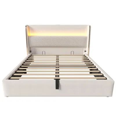 Produktbild von Flieks Hydraulisches Polsterbett 160x200cm mit USB/Type-C-Anschlüssen, Stauraumbett Doppelbett Jugendbett mit Led, Leinen, Beige