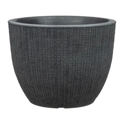 A dark gray textured planter pot on a white background.