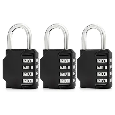 Produktbild von 3 x 4-stelliges Vorhängeschloss, Zahlenschloss für Spinde, Garagen, Tore & Schränke – Robust & Schwarz