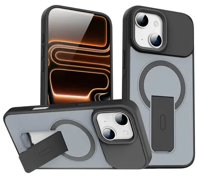 Produktbild von Magnet Ständer Hülle für iPhone 14, Kompatibel mit MagSafe, Matt Rückseite Stoßfeste Handyhülle Schwarz