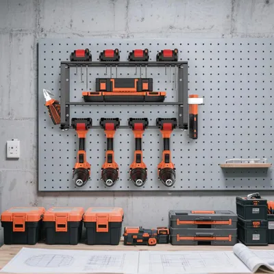 Produktbild von Werkzeughalter Garage - Wandhalterung für Akkuschrauber und Bohrmaschinen - Metallregal für Elektrowerkzeuge - Erweiterbares Aufbewahrungsregal - Mehrzweckhalter