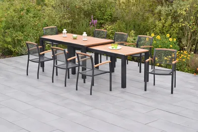 Produktbild von Merxx Gartenmöbel Set Tilos 9tlg., 8 Stapelsessel, Flex Ausziehtisch 180 (180) x 100 (83) x 80 (74) cm - Aluminium/Akazie