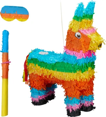 Zdjęcie produktu dla Relaxdays Pinata w kształcie osła, z kijem i maską, pinata imprezowa dla dzieci, na urodziny, do wypełnienia, wys. x szer. x gł.: 56 x 41 x 13 cm, kolorowa