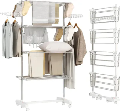 Obrázek produktu pro Skládací sušák na prádlo, 4 úrovně, 80–142 x 55 x 172 cm, plastový materiál, 6 koleček