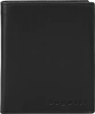 A black leather wallet with the brand name embossed on the bottom right.