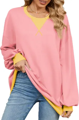 Produktbild von ASKSA Damen Sweatshirt Oversized Farbblock Rundhals Casual Langarmshirt Oberteile Herbst Y2K Shirt (Rosa,L)