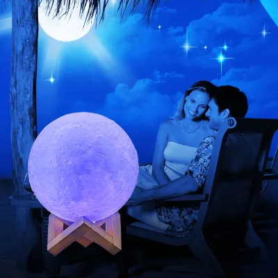 Zdjęcie produktu dla Lampka nocna LED Moon Lamp z nadrukiem 3D, 16 świecących kolorów, z podstawką i pilotem zdalnego sterowania, ładowana przez USB, do dekoracji wnętrz, dla dzieci i kobiet, prezent urodzinowy, średnica 8 cm / 3,1 cala