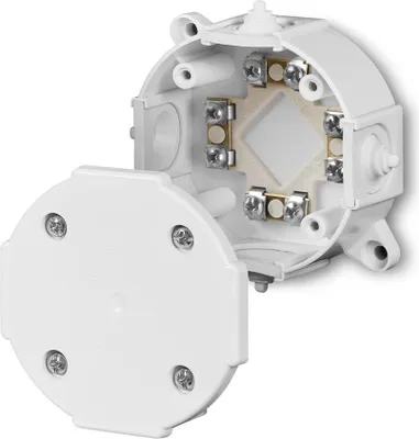 A white electrical junction box with its lid open, showing the internal wiring terminals.