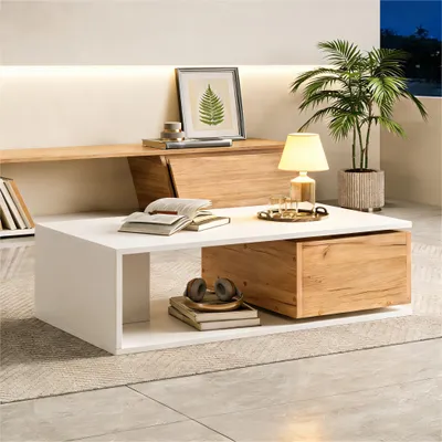 Immagine prodotto di Fortuna Lai 90*50*30 cm Tavolino da caffè, cassetto girevole a 360°, tavolino con 1 cassetto, tavolino da salotto lucido con vano portaoggetti aperto, tavolino da divano, tavolino ausiliario, bianco + colore legno
