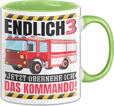 Produktbild von 3. Geburtstag Geschenk Tasse Becher Feuerwehr Fan Jungs Jetzt Übernehme Ich Das Kommando Endlich 3 (Grün)