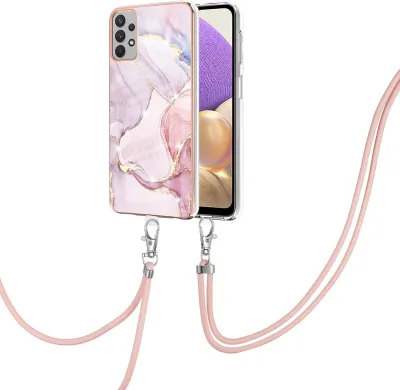 A phone case with a marble pattern and a pink lanyard attached, shown against a white background.