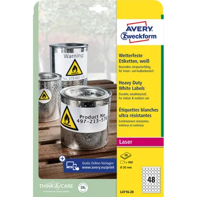 Produktbild von Avery Zweckform L4716-20 Wetterfeste Folien-Etiketten, Ø 30 mm, 20 Bogen/960 Etiketten, weiß