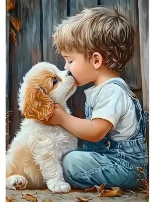 Image de Kit de peinture diamant "Chiots qui s'embrassent", pierres rondes, 30x40 cm, décoration murale à réaliser soi-même