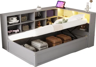 Produktbild von Schlafsofa 90*200, mit Mehrfachsteckdose und mehreren Staufächern, mit Lichtleiste, hydraulisches Bett, Massivholzbett, Einzelbett, Multifunktionales Holzbett, Grau