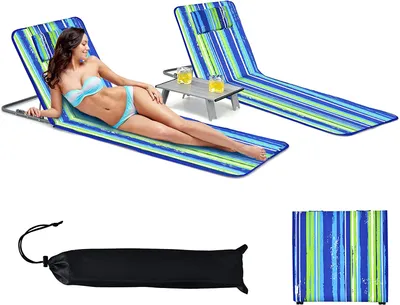 Produktbild von GOPLUS 2er Set Strandmattenset mit Tisch, Klappbar Strandliegen mit 5-Stufig Verstellbare Rückenlehne, Aluminium-Rohrrahmen Abnehmbare Kopfstütze