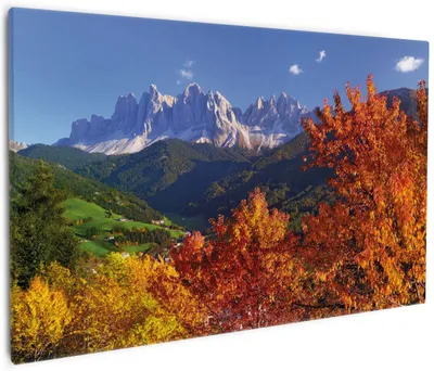 Produktbild von Wallario Premium Leinwandbild Herbst im Gebirgstal unter blauem Himmel in Größe 60 x 90 cm