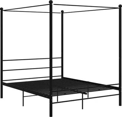 A black metal canopy bed frame against a white background.