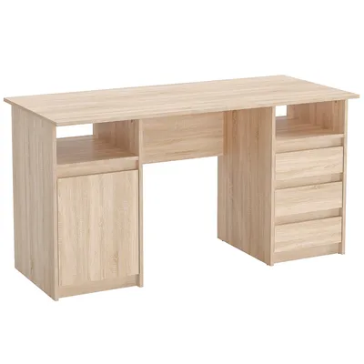 A light brown wooden desk with drawers and a cabinet, shown against a white background.